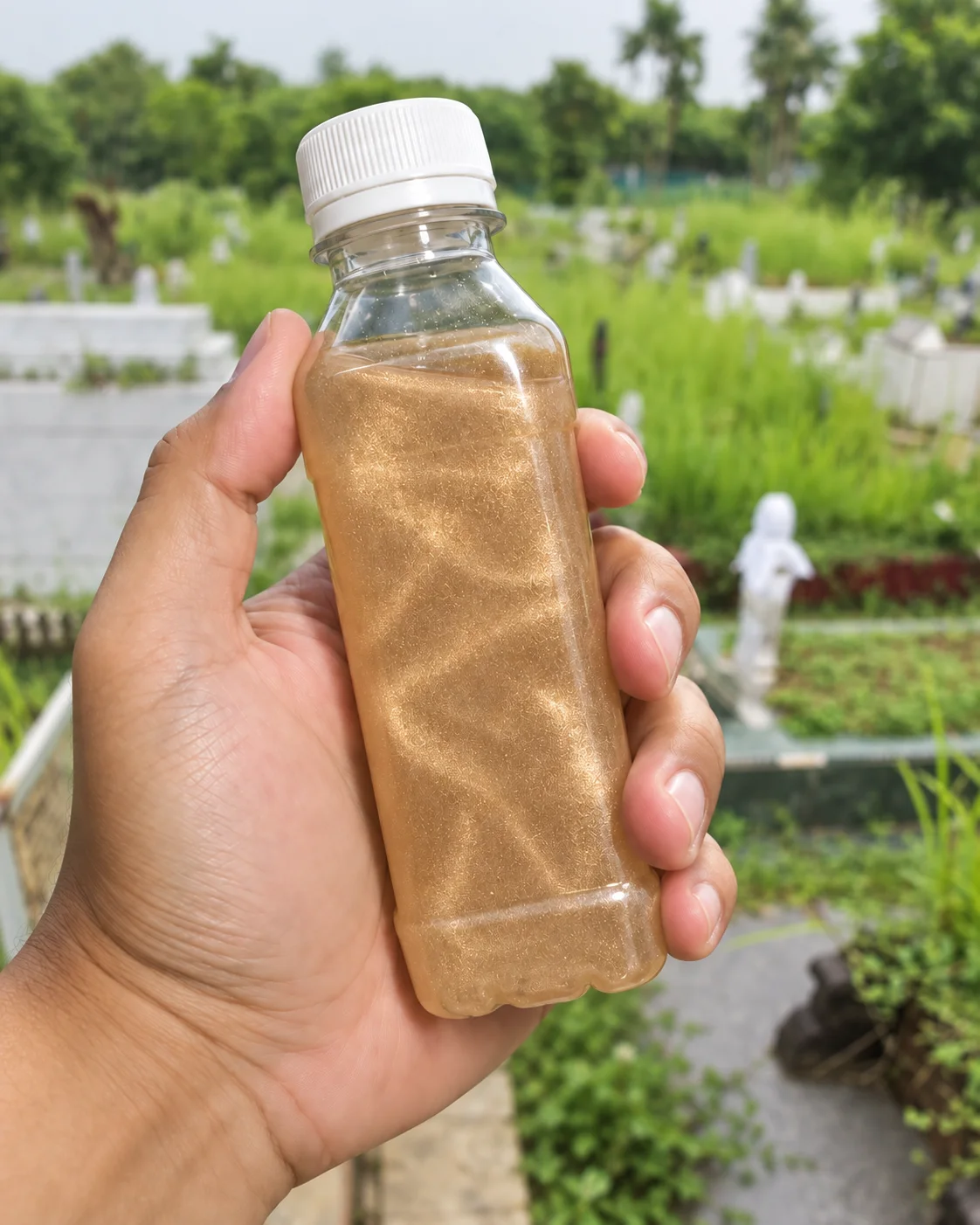 Bronze ShimmerCare Mix bottle with real Muslim cemetery greenery background