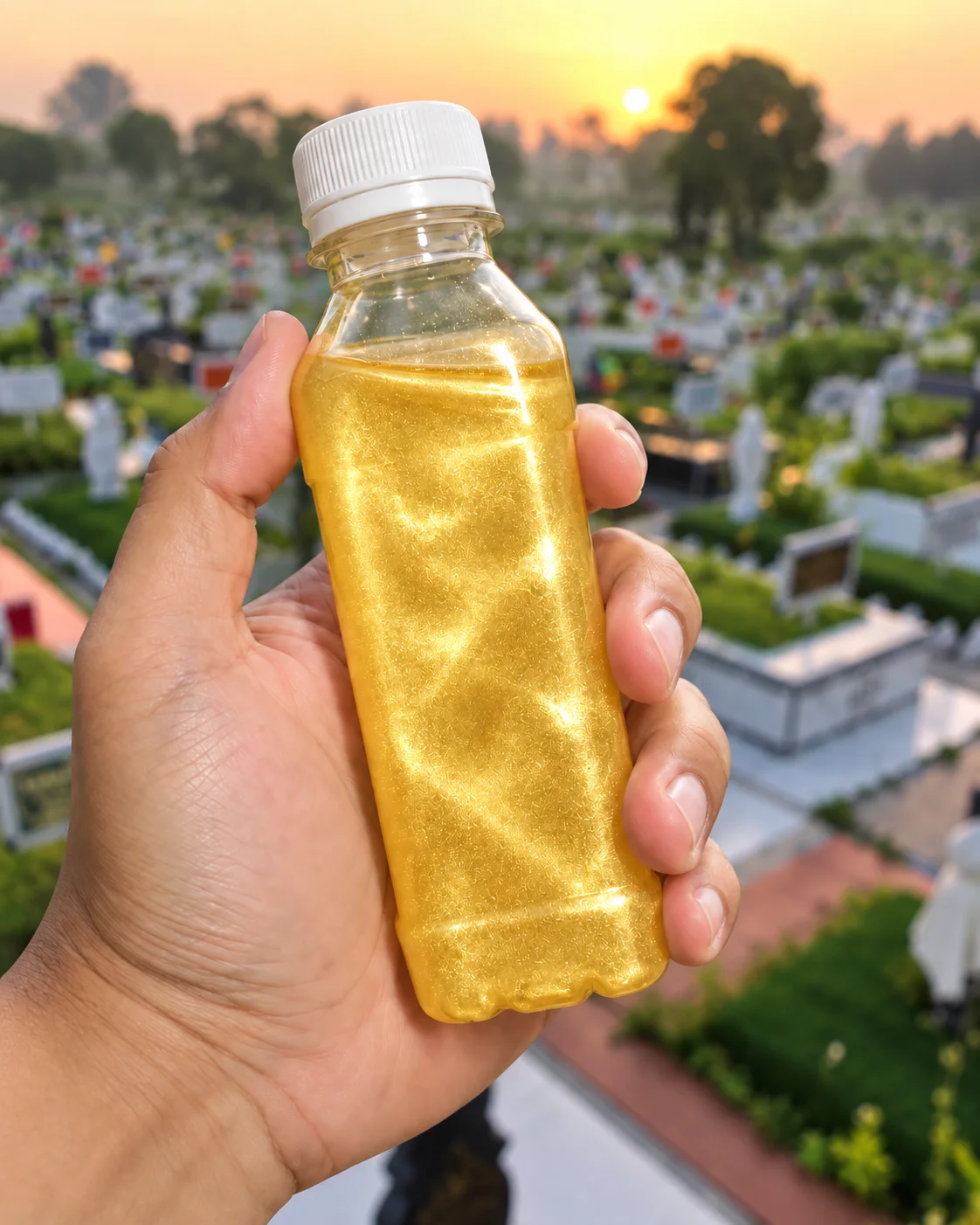 Gold ShimmerCare Mix bottle with real Muslim cemetery background