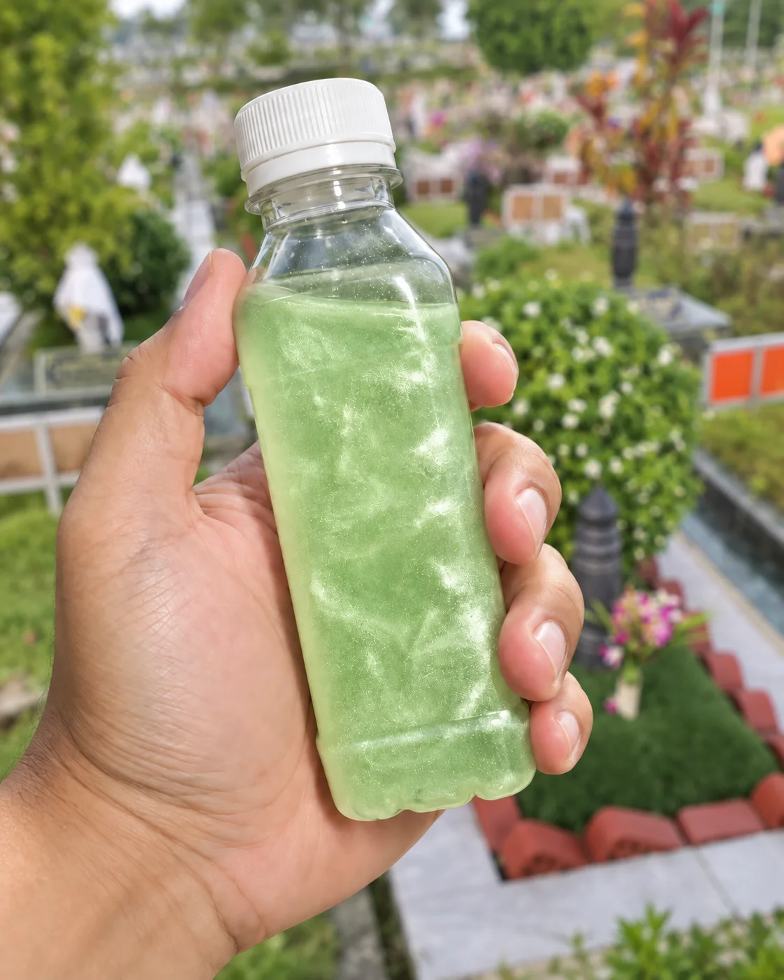Green ShimmerCare Mix bottle with real Muslim grave grass background