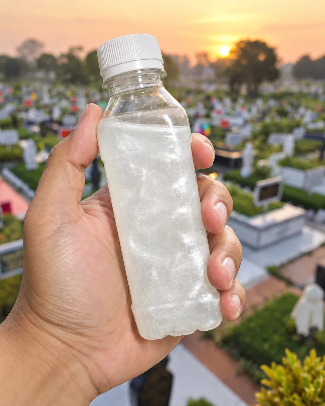 White pearl ShimmerCare Mix bottle with real Pusara Aman grave background