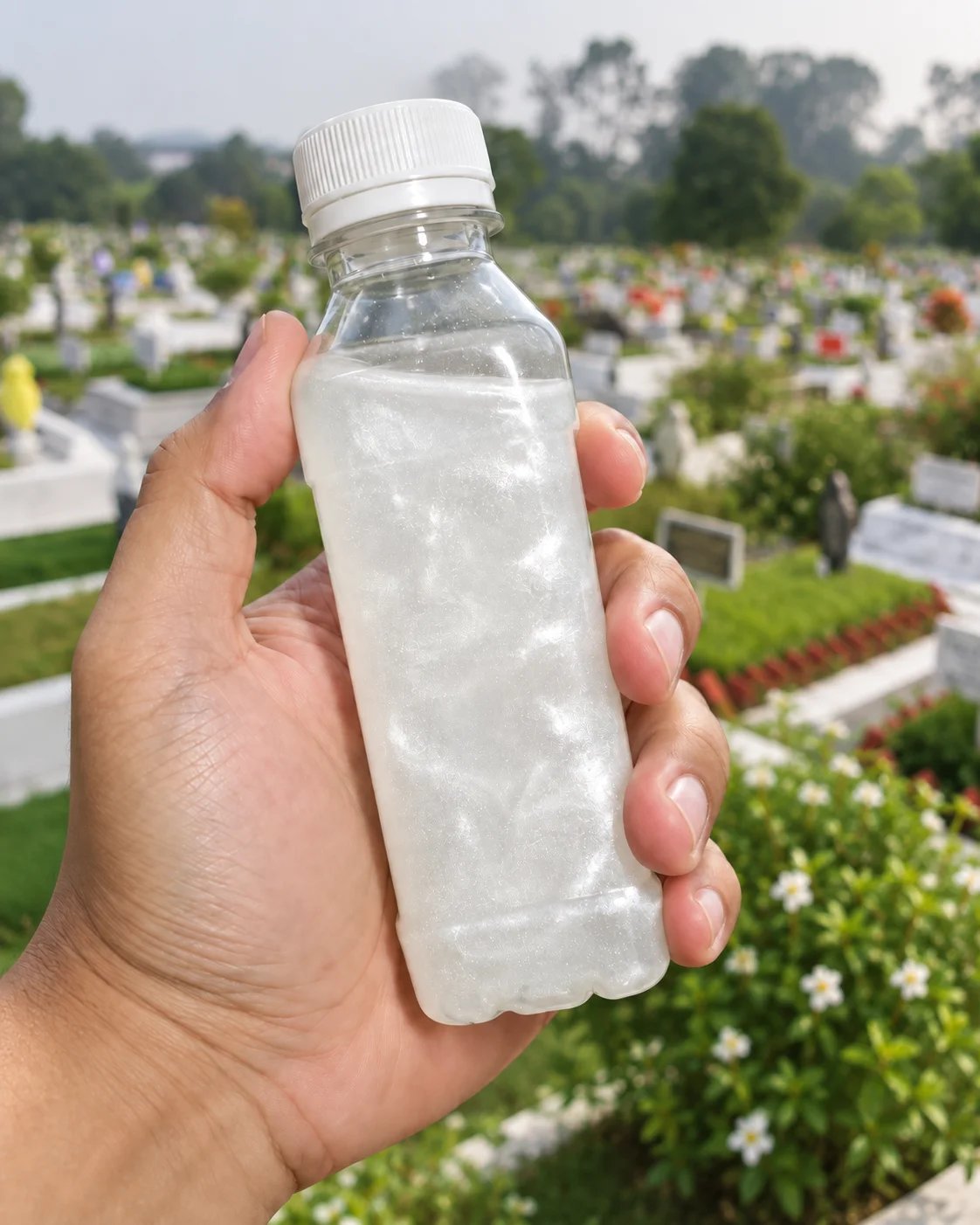 White pearl ShimmerCare Mix bottle with real Muslim cemetery jasmine background